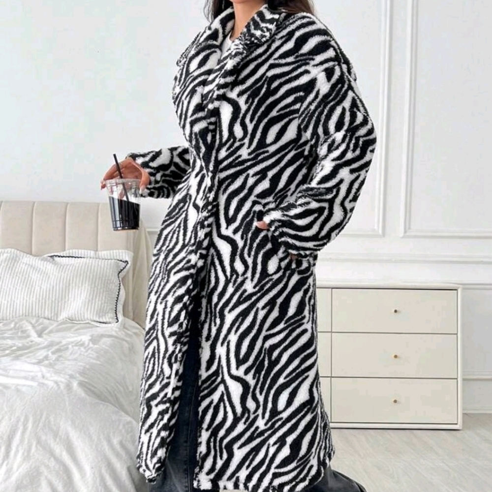 Women's Zebra Print Fluffy Long Coat - Picture 6 of 7